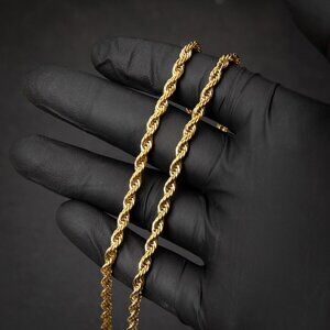 Solid Yellow Gold Plated Heavy 316 Stainless Steel 4MM Twist Rope Chain Necklace